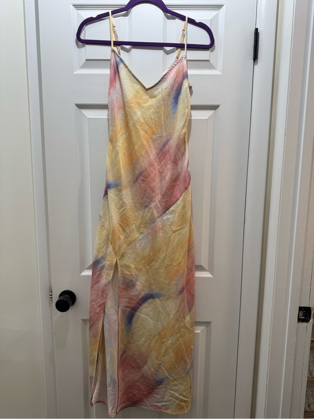 Tie-Dye Yellow Slip Maxi Dress with Pink & Blue Accents